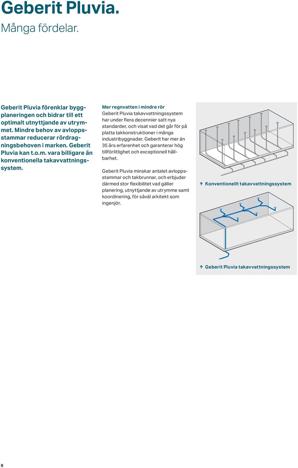 Mer regnvatten i mindre rör Geberit Pluvia takavvattningssystem har under flera decennier satt nya standarder, och visat vad det går för på platta takkonstruktioner i många industribyggnader.