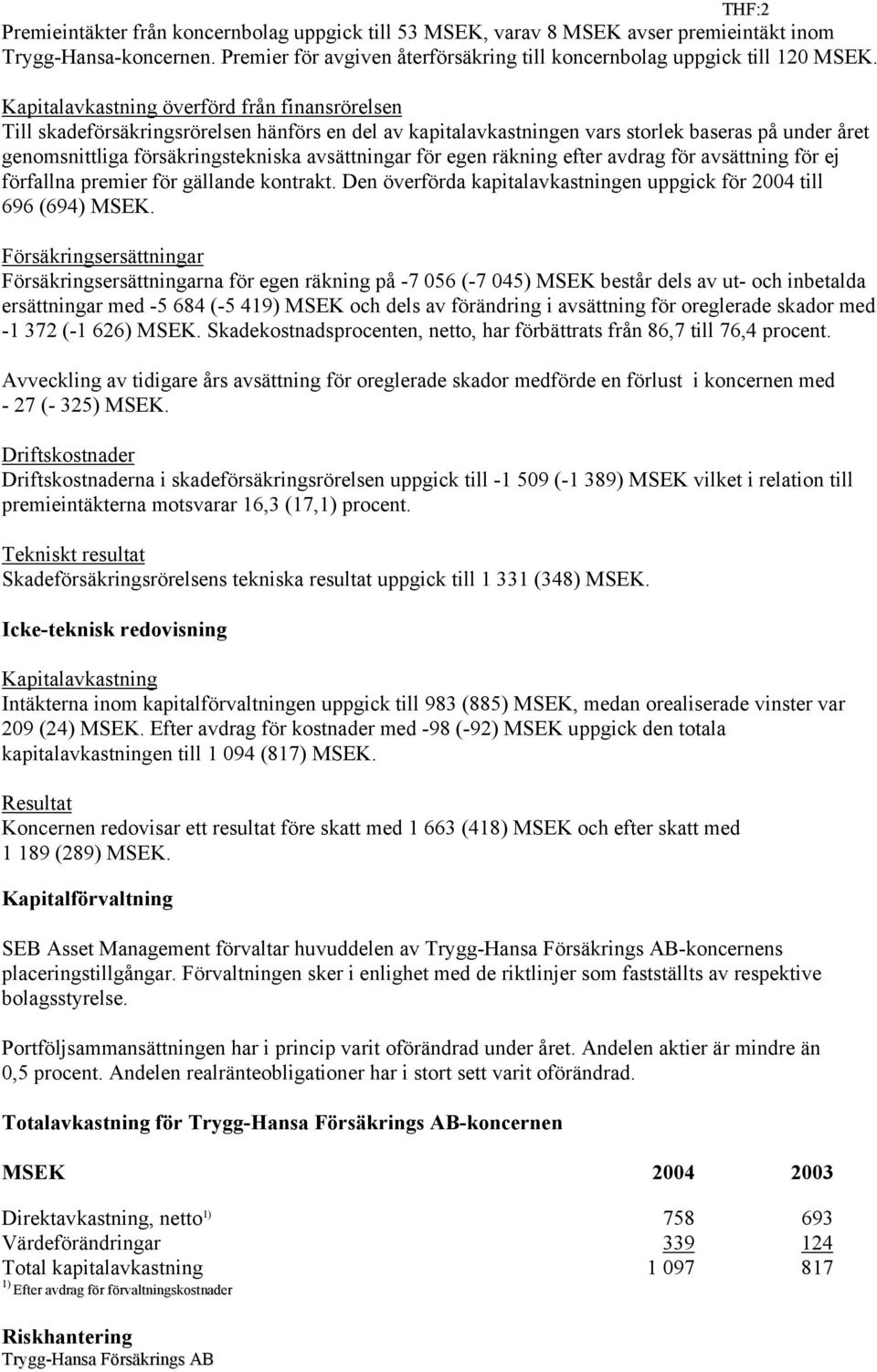 för egen räkning efter avdrag för avsättning för ej förfallna premier för gällande kontrakt. Den överförda kapitalavkastningen uppgick för 2004 till 696 (694) MSEK.