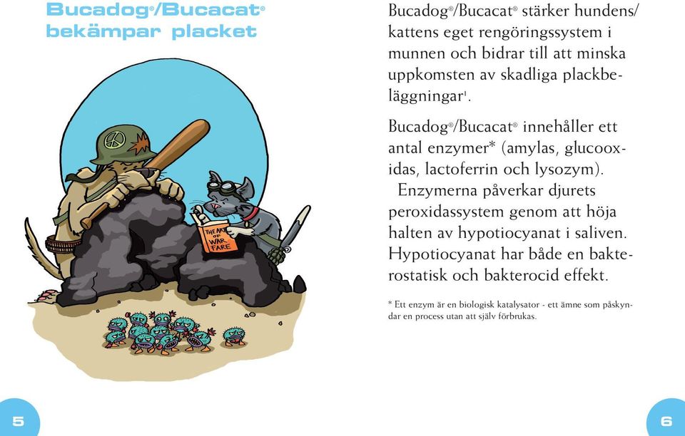 Bucadog /Bucacat innehåller ett antal enzymer* (amylas, glucooxidas, lactoferrin och lysozym).