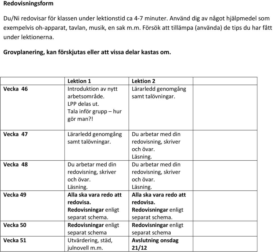 Tala inför grupp hur gör man?! Vecka 47 Vecka 48 Vecka 49 Vecka 50 Vecka 51 Lärarledd genomgång samt talövningar. Alla ska vara redo att redovisa. separat schema.