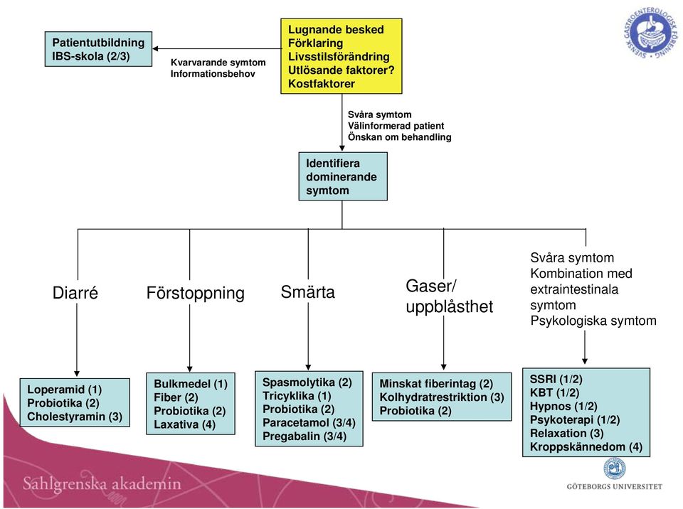 med extraintestinala symtom Psykologiska symtom Loperamid (1) Probiotika (2) Cholestyramin (3) Bulkmedel (1) Fiber (2) Probiotika (2) Laxativa (4) Spasmolytika (2)