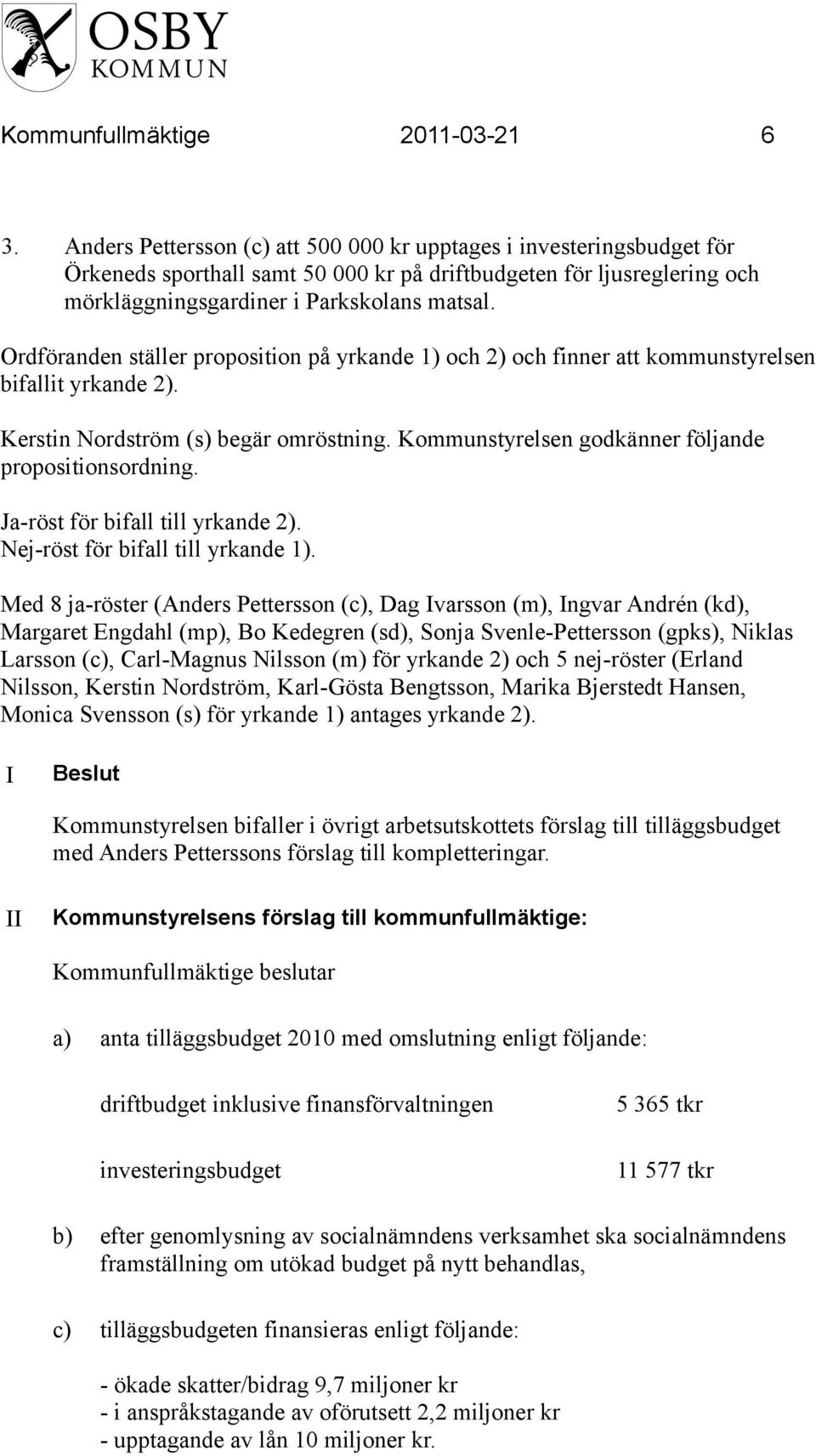 Ordföranden ställer proposition på yrkande 1) och 2) och finner att kommunstyrelsen bifallit yrkande 2). Kerstin Nordström (s) begär omröstning. Kommunstyrelsen godkänner följande propositionsordning.