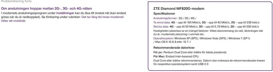 ZTE Diamond MF820D-modem Specifikationer Anslutningsformer: 2G / 3G / 4G / Ta emot data: 4G upp till 100 Mbit/s, 3G upp till 42 Mbit/s, 2G upp till 236 kbit/s Skicka data: 4G upp till 50 Mbit/s, 3G