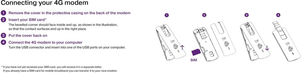 1 2 3 4 3 Put the cover back on 4 Connect the 4G modem to your computer Turn the USB connector and insert into one of the USB ports on your