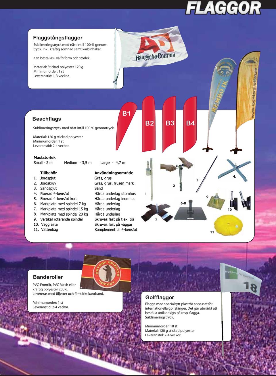 Material: 120 g stickad polyester Minimumorder: 1 st B1 B2 B3 B4 Maststorlek Small - 2 m Medium - 3,5 m Large - 4,7 m Tillbehör Användningsområde 1. Jordspjut Gräs, grus 2.