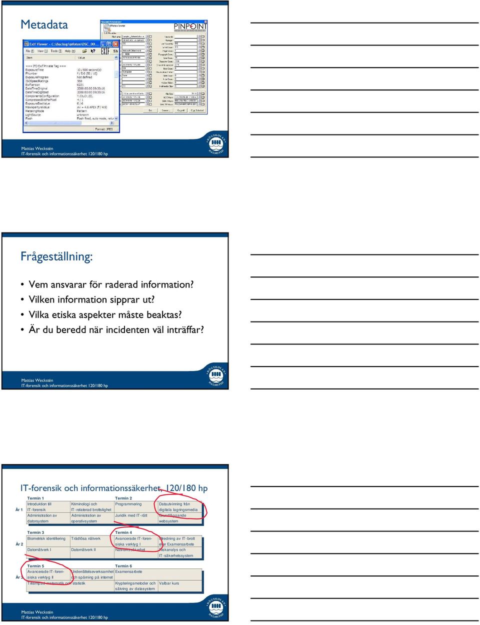 1 Administration av Administration av Grundläggande Juridik med IT- rätt datorsystem operativsystem websystem Termin 3 Termin 4 Biometrisk identifiering Trådlösa nätverk Avancerade IT- foren-