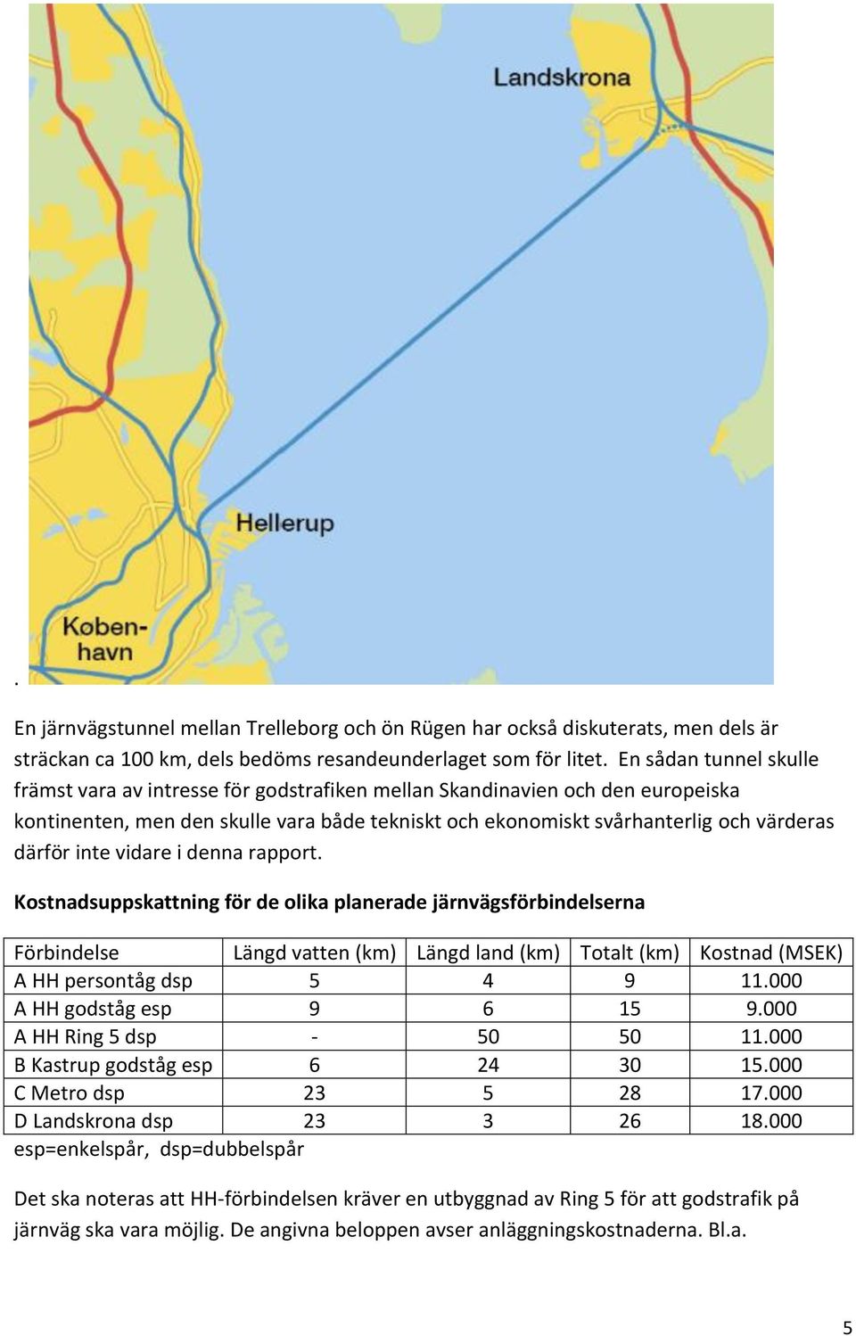 inte vidare i denna rapport. Kostnadsuppskattning för de olika planerade järnvägsförbindelserna Förbindelse Längd vatten (km) Längd land (km) Totalt (km) Kostnad (MSEK) A HH persontåg dsp 5 4 9 11.
