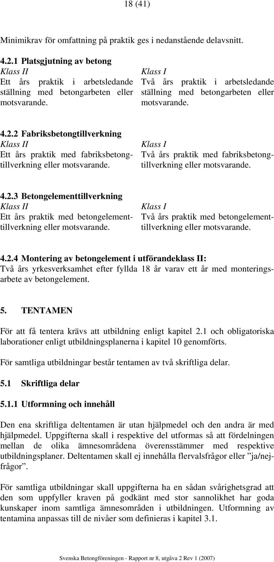 Klass I Två års praktik med fabriksbetongtillverkning eller motsvarande. 4.2.3 Betongelementtillverkning Klass II Ett års praktik med betongelementtillverkning eller motsvarande.