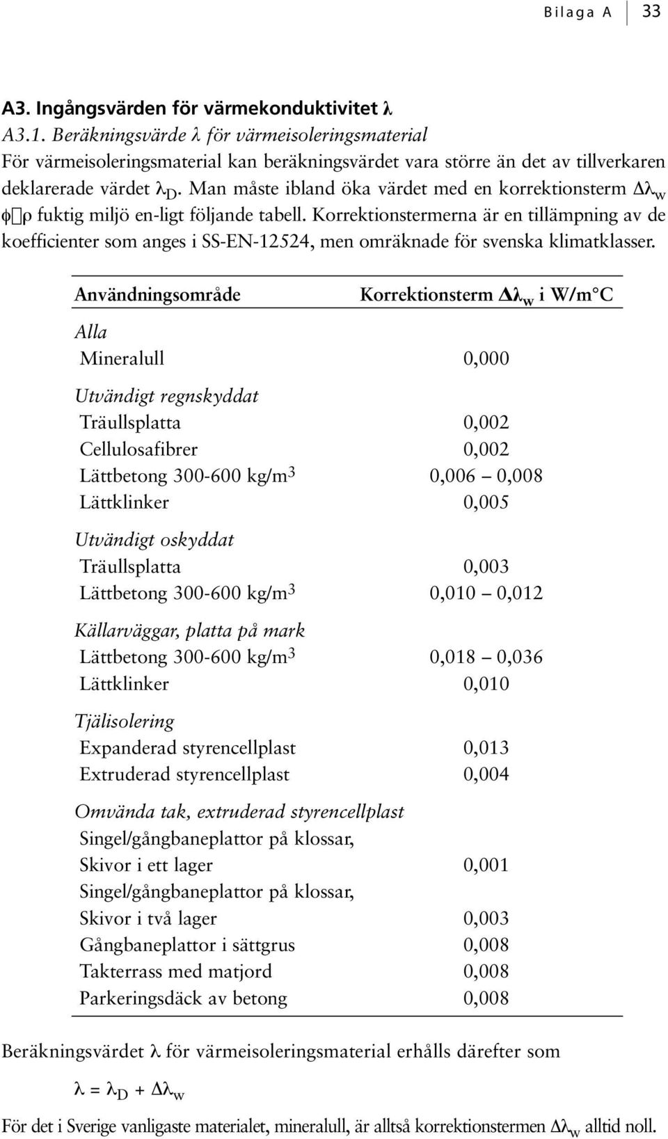 Man måste ibland öka värdet med en korrektionsterm Δλ w för fuktig miljö en-ligt följande tabell.