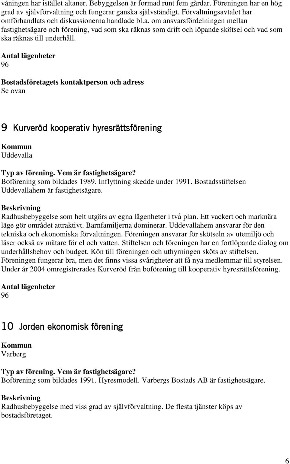 96 Bostadsföretagets kontaktperson och adress Se ovan 9 Kurveröd kooperativ hyresrättsförening Uddevalla Boförening som bildades 1989. Inflyttning skedde under 1991.