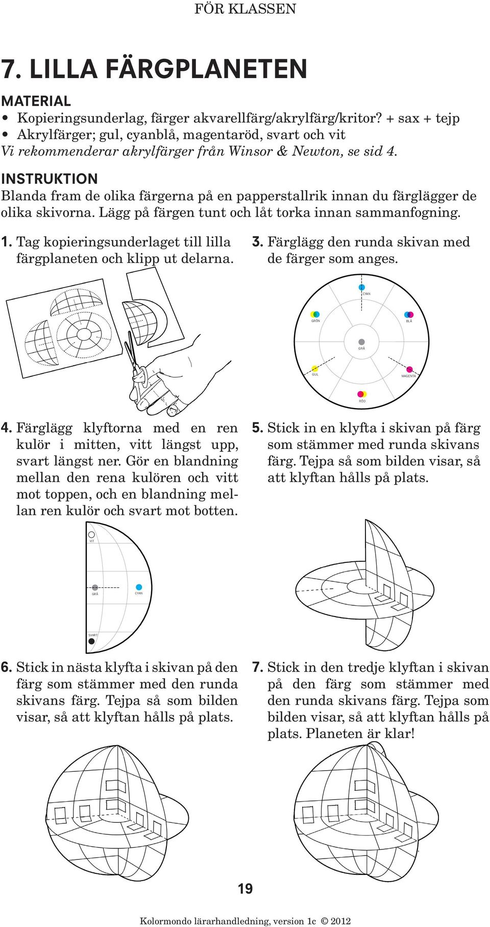 INSTRUKTION Blanda fram de olika färgerna på en papperstallrik innan du färglägger de olika skivorna. Lägg på färgen tunt och låt torka innan sammanfogning. 1.