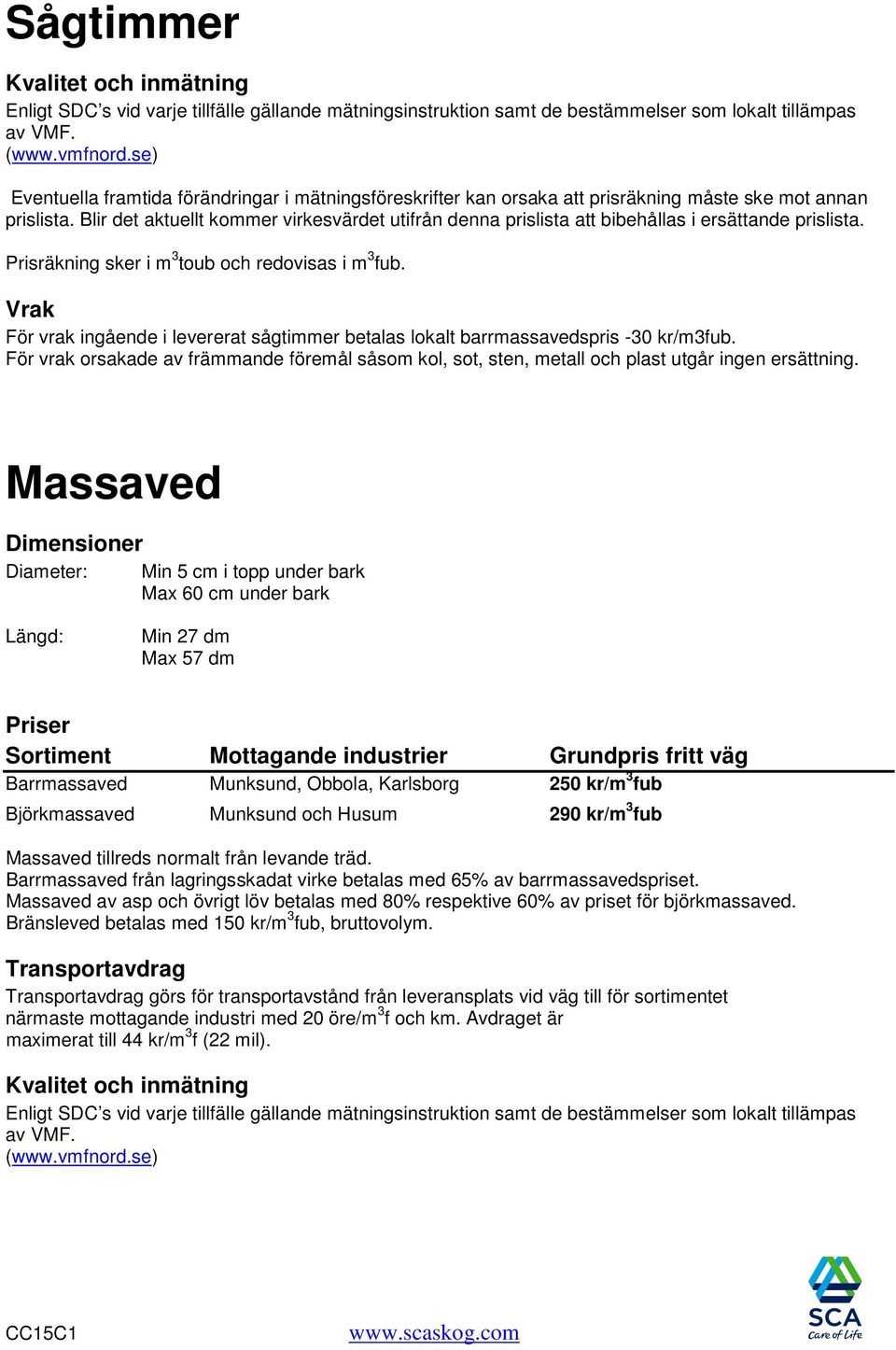 Blir det aktuellt kommer virkesvärdet utifrån denna prislista att bibehållas i ersättande prislista. Prisräkning sker i m 3 toub och redovisas i m 3 fub.