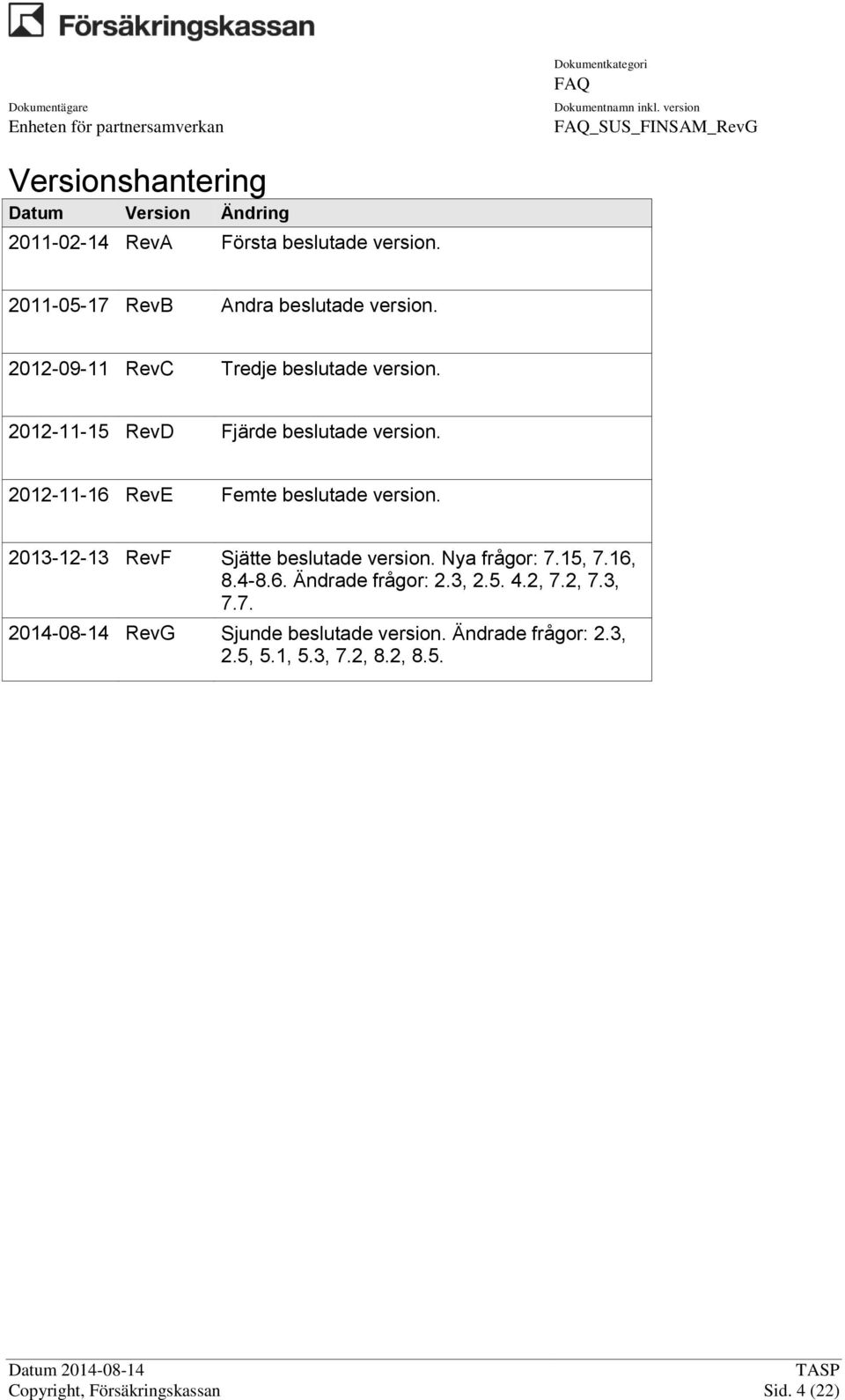 2012-11-16 RevE Femte beslutade version. 2013-12-13 RevF Sjätte beslutade version. Nya frågor: 7.15, 7.16, 8.4-8.6. Ändrade frågor: 2.