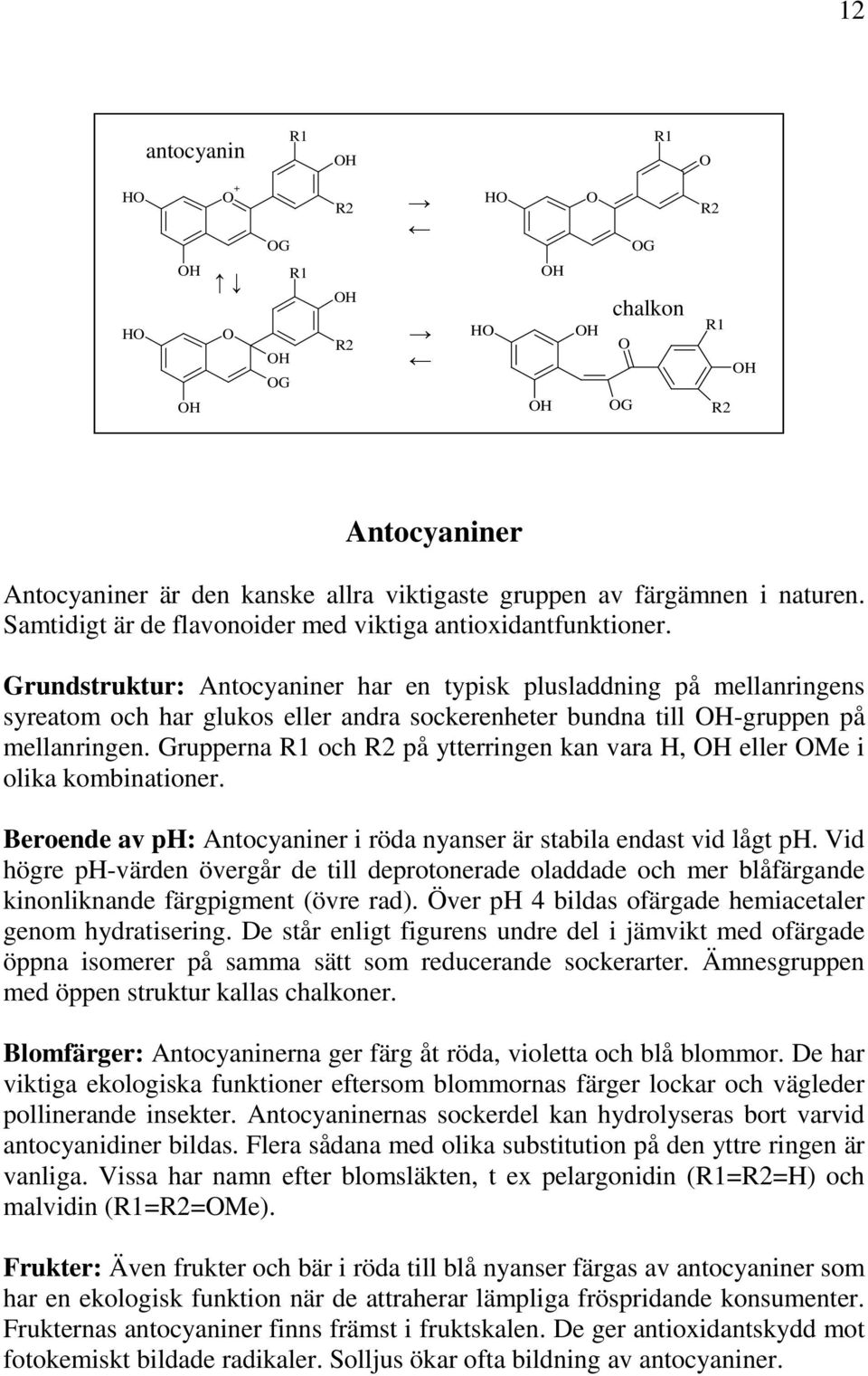 Grundstruktur: Antocyaniner har en typisk plusladdning på mellanringens syreatom och har glukos eller andra sockerenheter bundna till -gruppen på mellanringen.