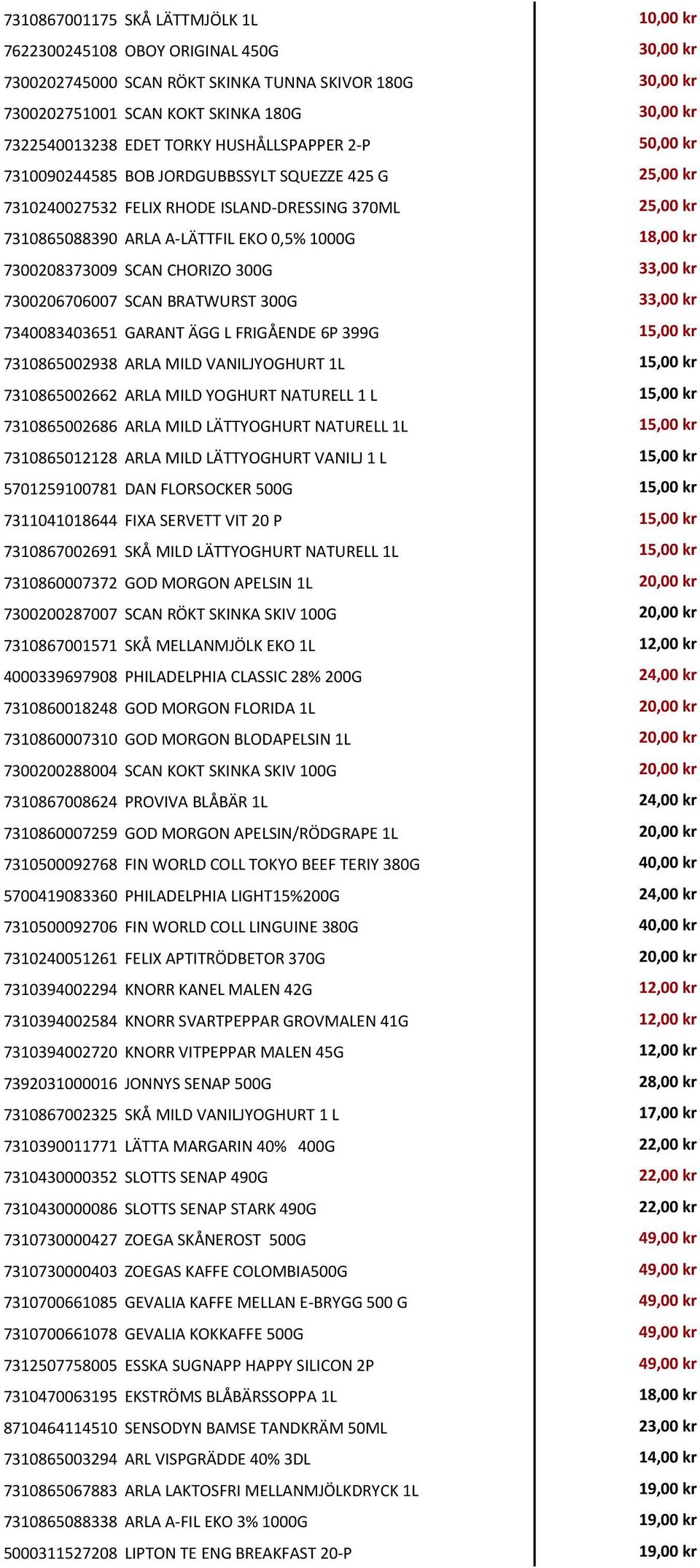 18,00 kr 7300208373009 SCAN CHORIZO 300G 33,00 kr 7300206706007 SCAN BRATWURST 300G 33,00 kr 7340083403651 GARANT ÄGG L FRIGÅENDE 6P 399G 15,00 kr 7310865002938 ARLA MILD VANILJYOGHURT 1L 15,00 kr