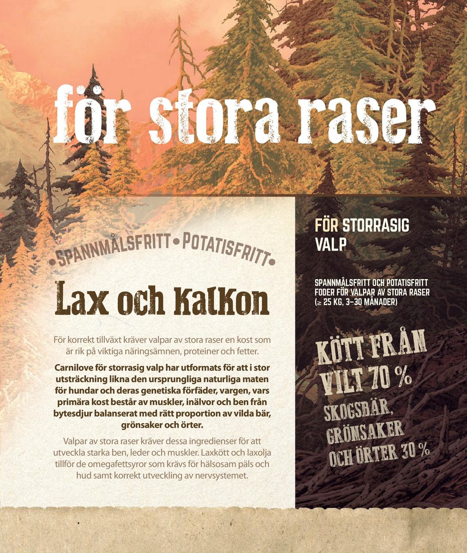 inälvor och ben från bytesdjur balanserat med rätt proportion av vilda bär, grönsaker och örter. Valpar av stora raser kräver dessa ingredienser för att utveckla starka ben, leder och muskler.