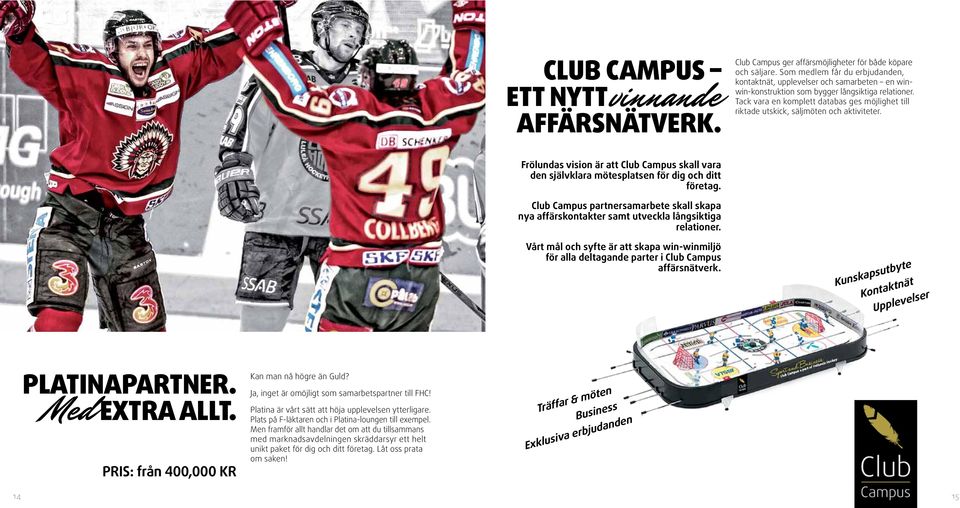 Tack vara en komplett databas ges möjlighet till riktade utskick, säljmöten och aktiviteter. Frölundas vision är att Club Campus skall vara den självklara mötesplatsen för dig och ditt företag.