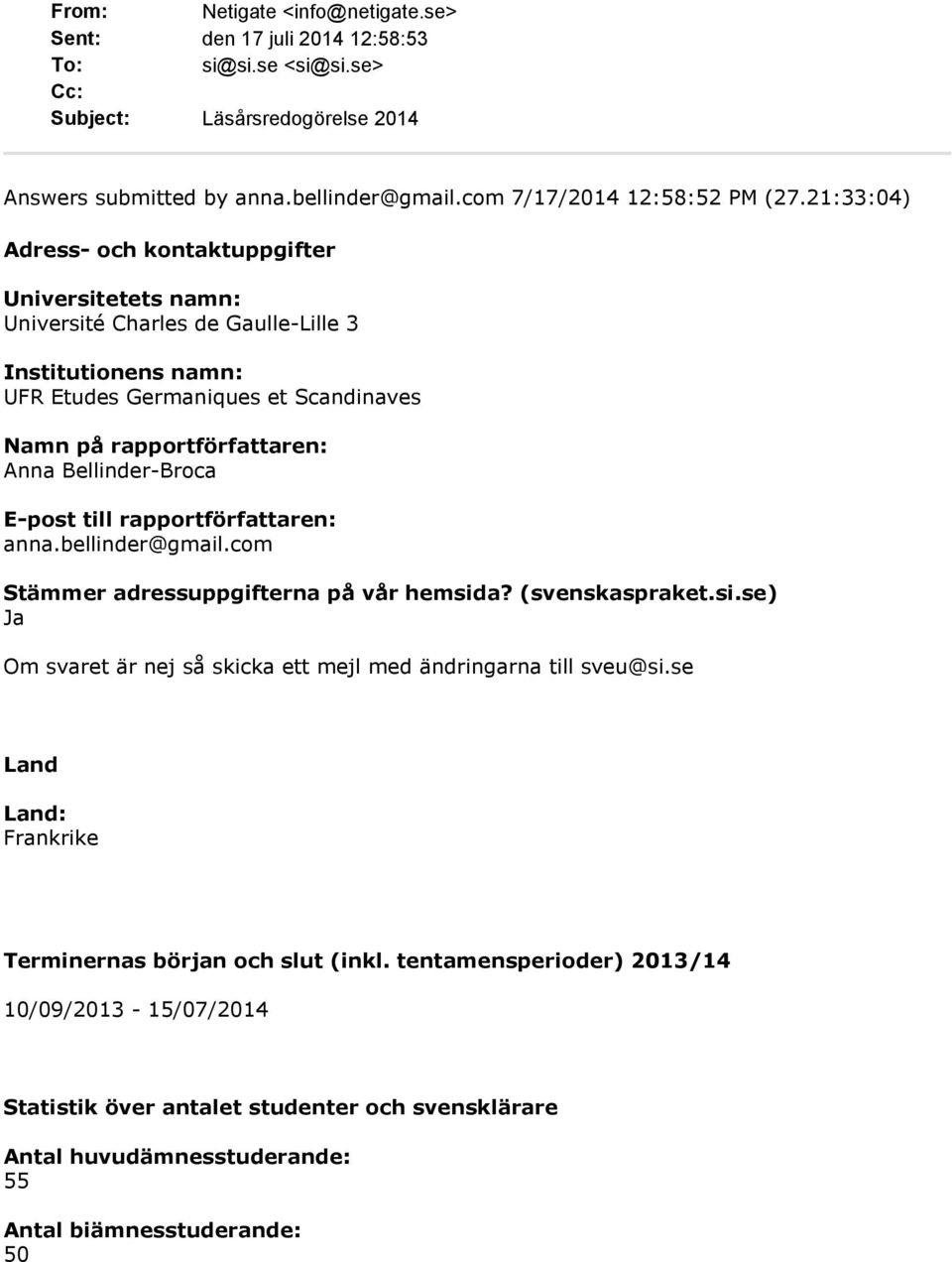 Bellinder-Broca E-post till rapportförfattaren: anna.bellinder@gmail.com Stämmer adressuppgifterna på vår hemsida? (svenskaspraket.si.se) Om svaret är nej så skicka ett mejl med ändringarna till sveu@si.