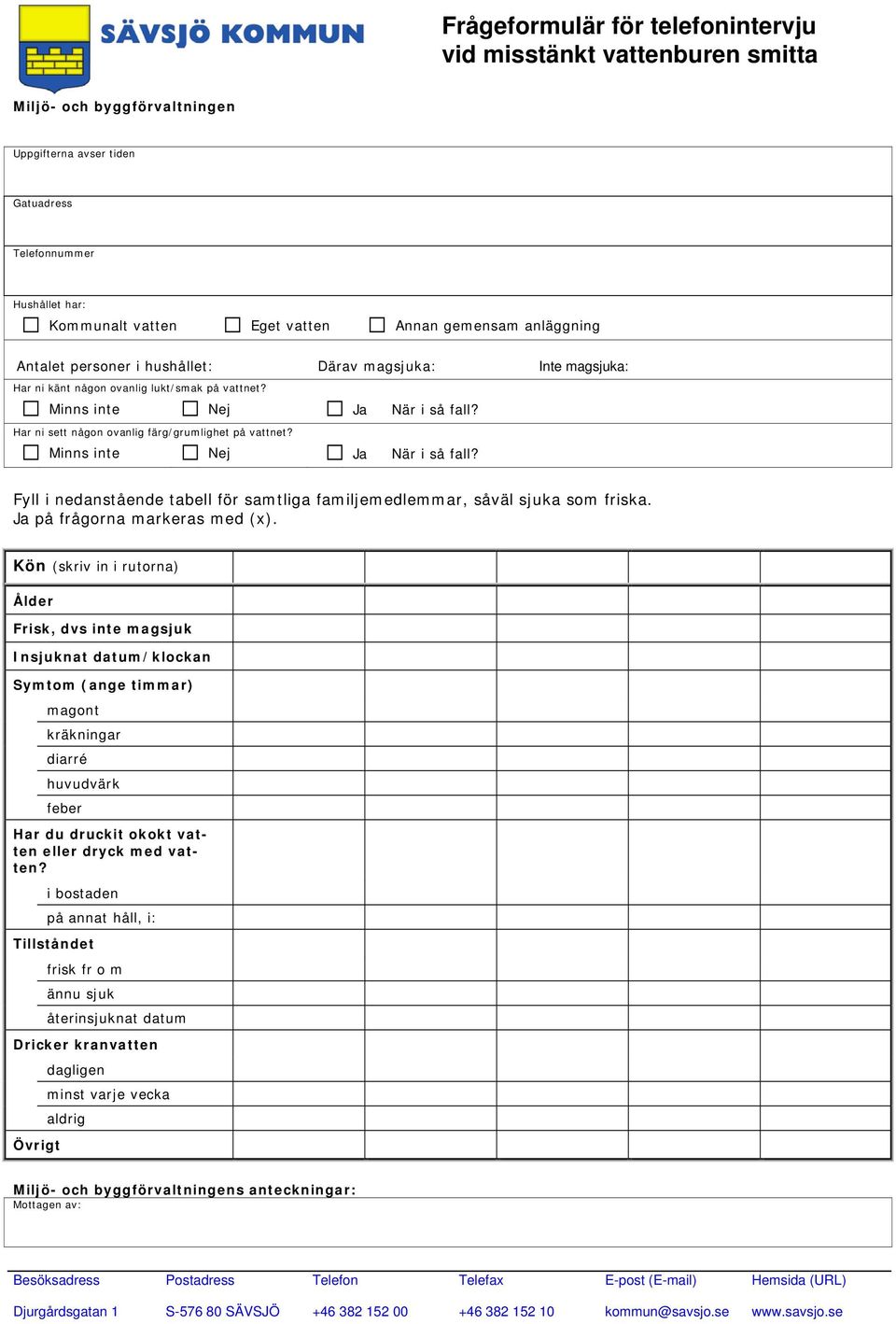 Har ni sett någon ovanlig färg/grumlighet på vattnet? Minns inte Ja När i så fall? Fyll i nedanstående tabell för samtliga familjemedlemmar, såväl sjuka som friska. Ja på frågorna markeras med (x).