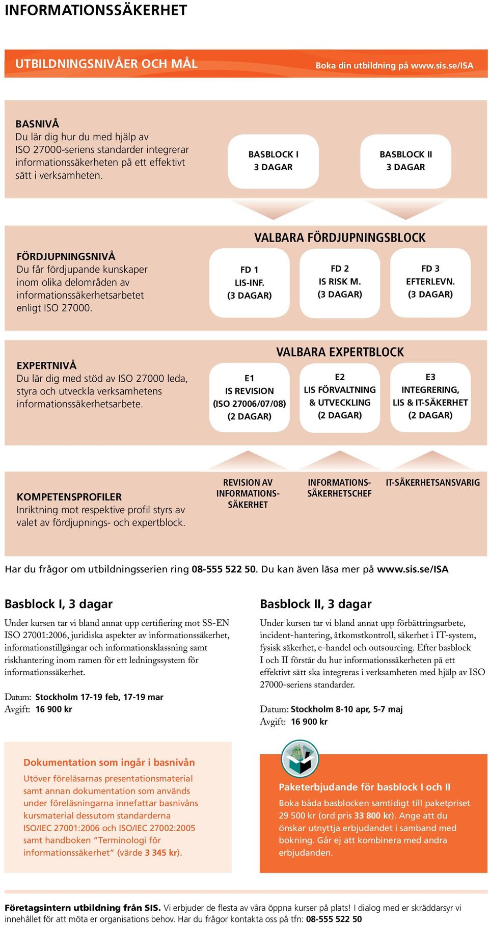 Valbara BASBLOCK Basblock I 3 dagar Basblock II 3 dagar FÖRDJUPNINGSNIVÅ Du får fördjupande kunskaper inom olika delområden av informationssäkerhetsarbetet enligt ISO 27000. FD 1 LIS-inf.