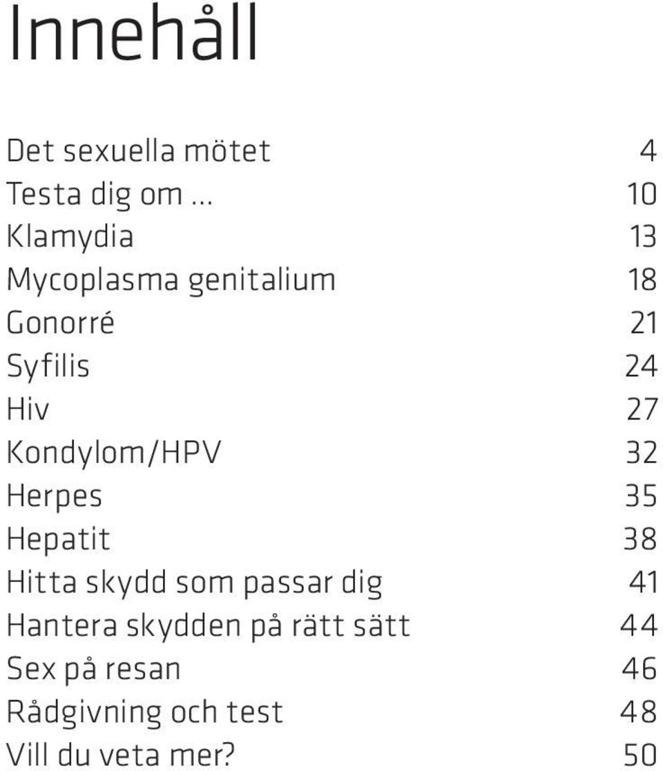 32 Herpes 35 Hepatit 38 Hitta skydd som passar dig 41 Hantera