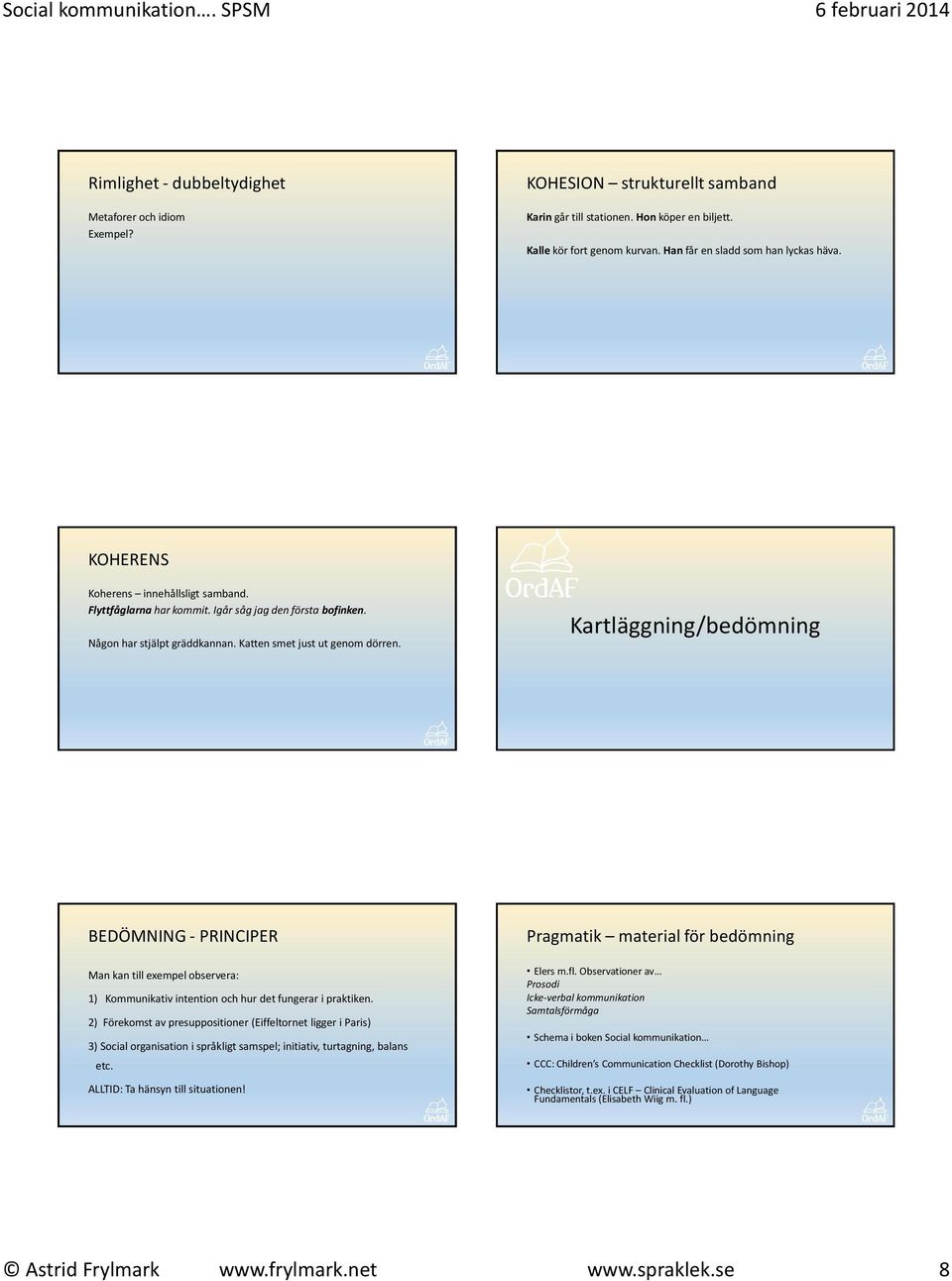 Kartläggning/bedömning BEDÖMNING - PRINCIPER Man kan till exempel observera: 1) Kommunikativ intention och hur det fungerar i praktiken.