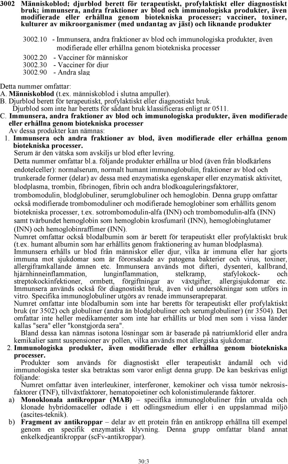 10 - Immunsera, andra fraktioner av blod och immunologiska produkter, även modifierade eller erhållna genom biotekniska processer 3002.20 - Vacciner för människor 3002.30 - Vacciner för djur 3002.