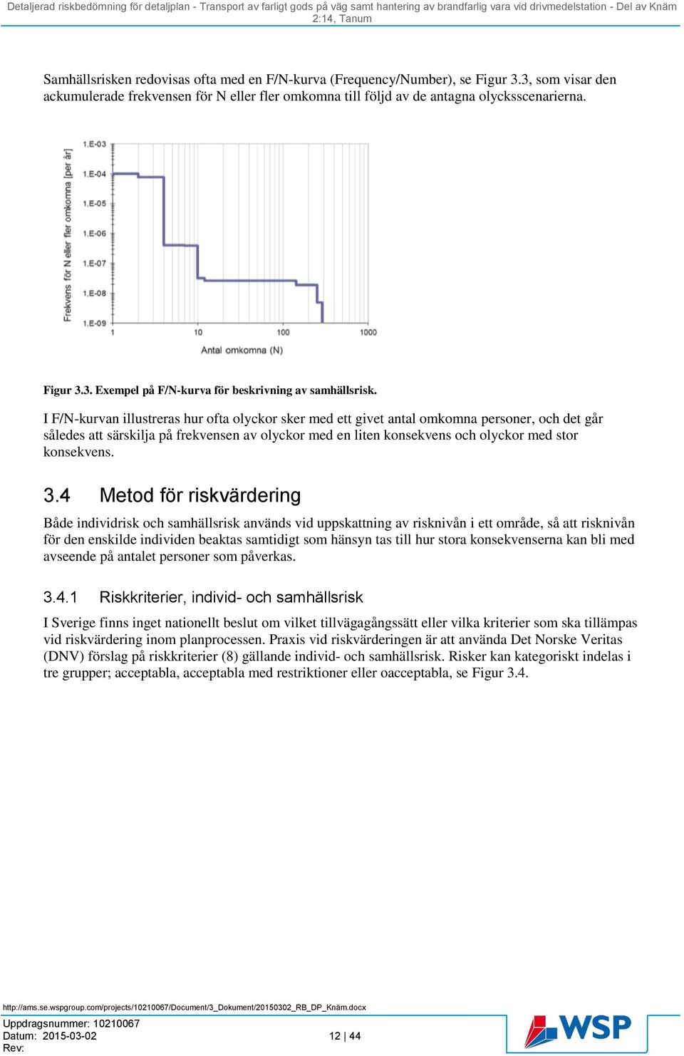 3.4 Metod för riskvärdering Både individrisk och samhällsrisk används vid uppskattning av risknivån i ett område, så att risknivån för den enskilde individen beaktas samtidigt som hänsyn tas till hur