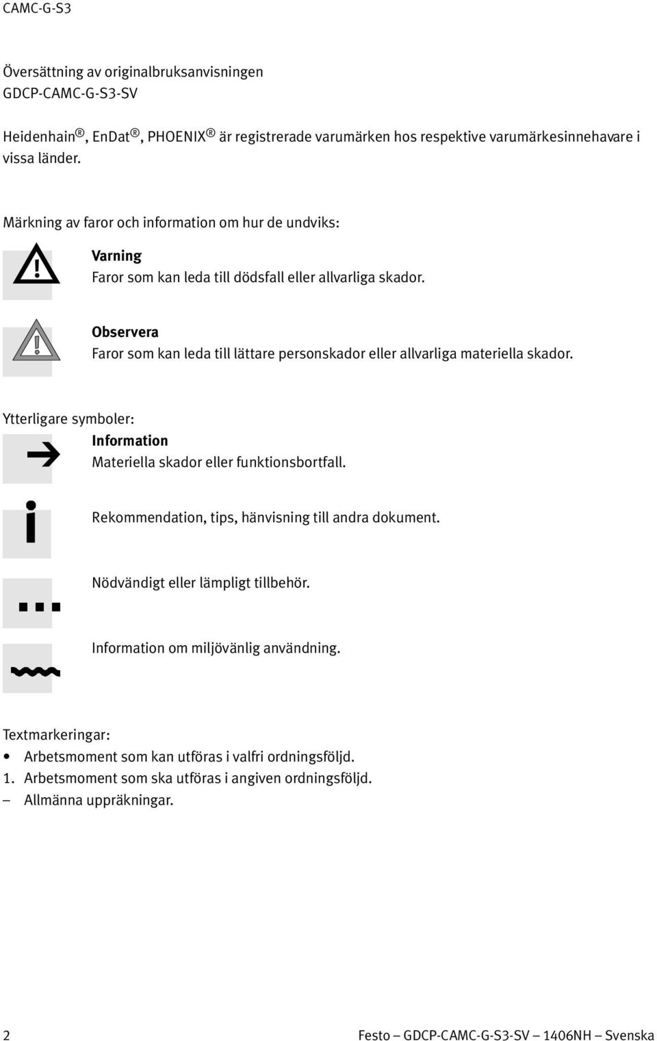 Observera Faror som kan leda till lättare personskador eller allvarliga materiella skador. Ytterligare symboler: Information Materiella skador eller funktionsbortfall.