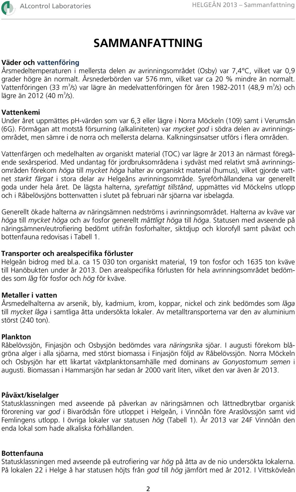 Vattenkemi Under året uppmättes ph-värden som var 6,3 eller lägre i Norra Möckeln (109) samt i Verumsån (6G).