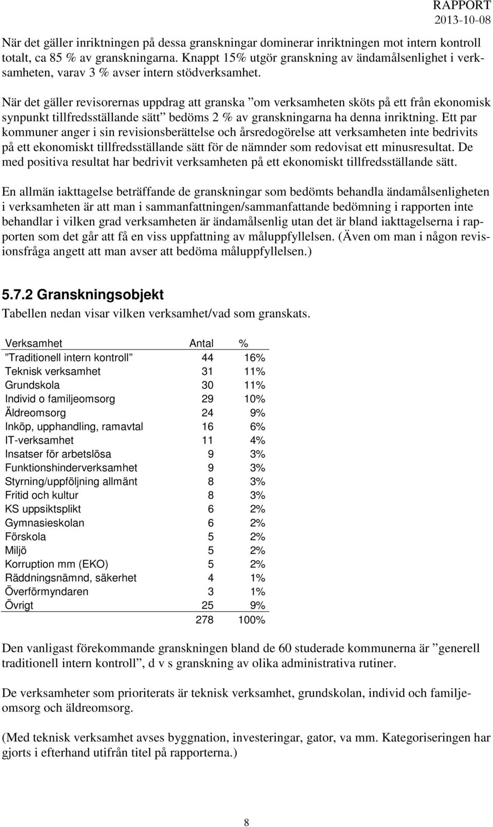 När det gäller revisorernas uppdrag att granska om verksamheten sköts på ett från ekonomisk synpunkt tillfredsställande sätt bedöms 2 % av granskningarna ha denna inriktning.