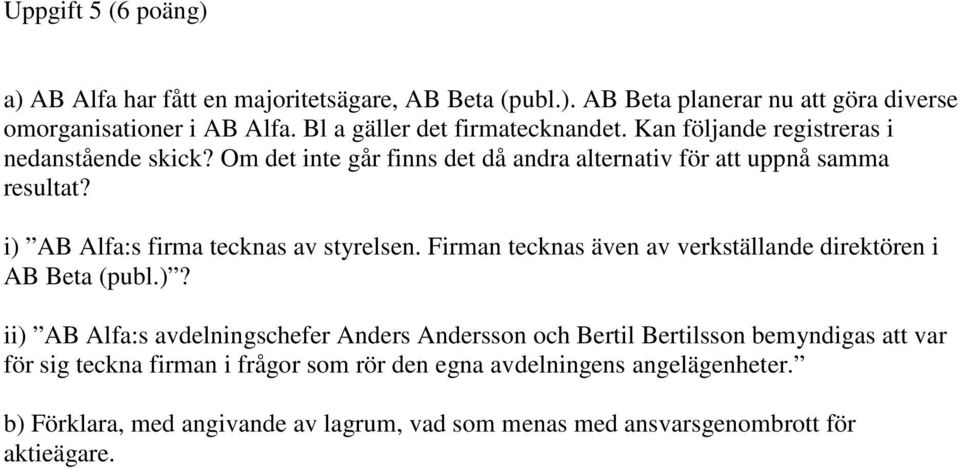 i) AB Alfa:s firma tecknas av styrelsen. Firman tecknas även av verkställande direktören i AB Beta (publ.)? ii) AB Alfa:s avdelningschefer Anders Andersson och