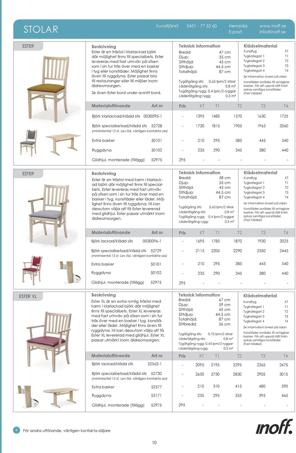 Ester passar bra till restauranger eller till miljöer inom Tygåtgång sits: 0,65 lpm/2 sitsar Konstläder avrådes till avtagbar äldreomsorgen. Läderåtgång sits: 0,8 m² basker.