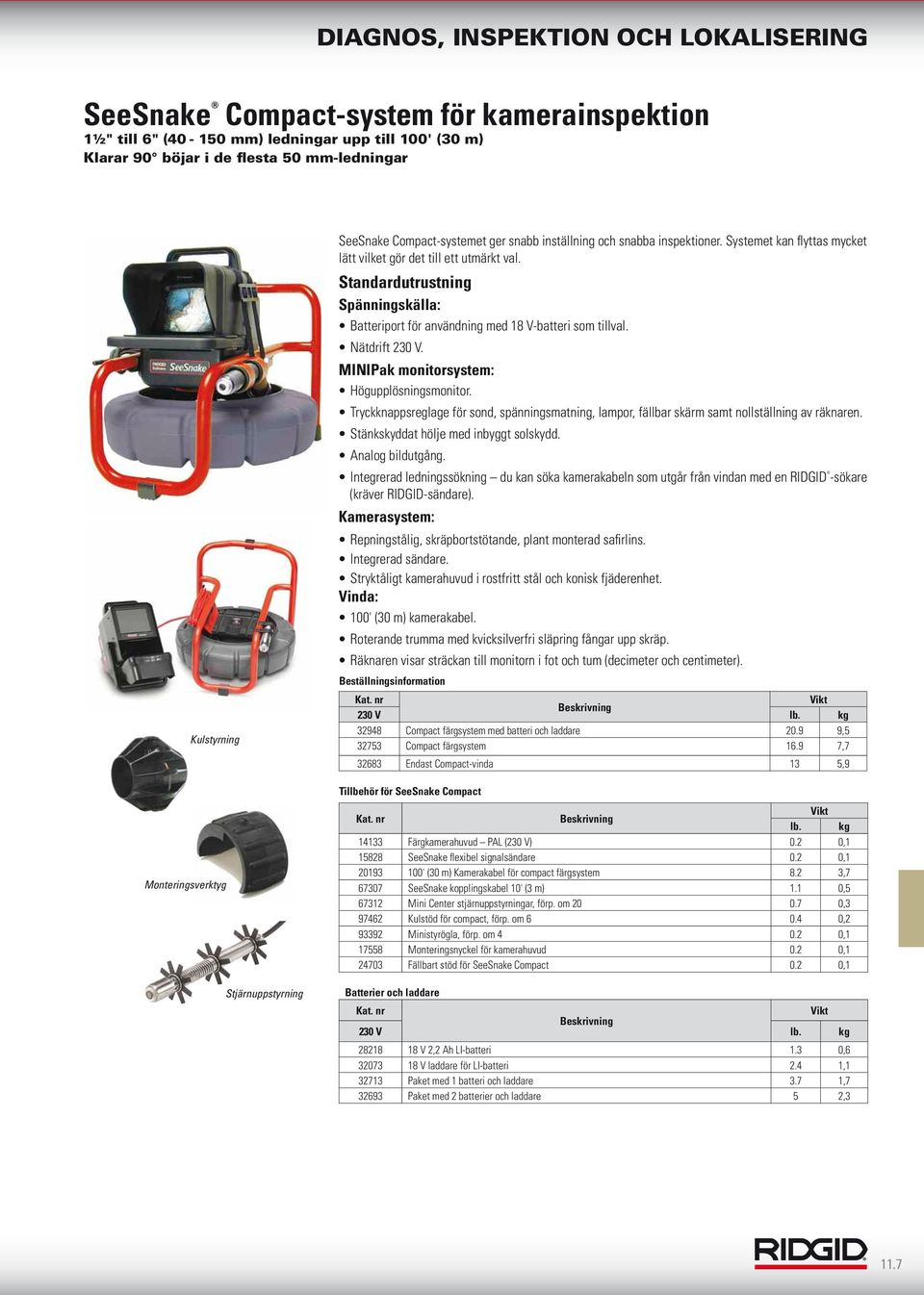 Standardutrustning Spänningskälla: Batteriport för användning med 18 V-batteri som tillval. Nätdrift 230 V. MINIPak monitorsystem: Högupplösningsmonitor.