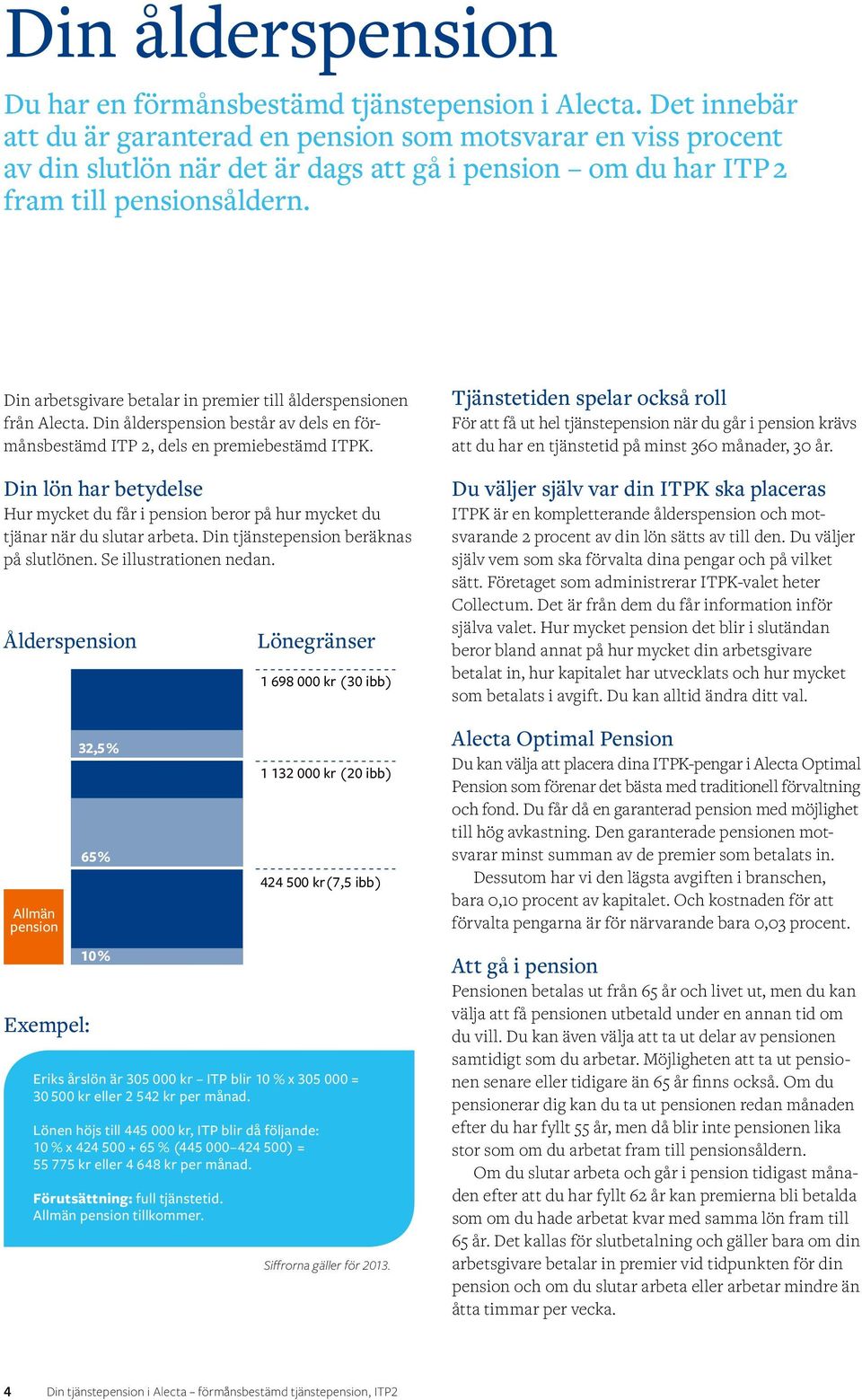 Din arbetsgivare betalar in premier till ålderspensionen från Alecta. Din ålderspension består av dels en förmånsbestämd ITP 2, dels en premiebestämd ITPK.