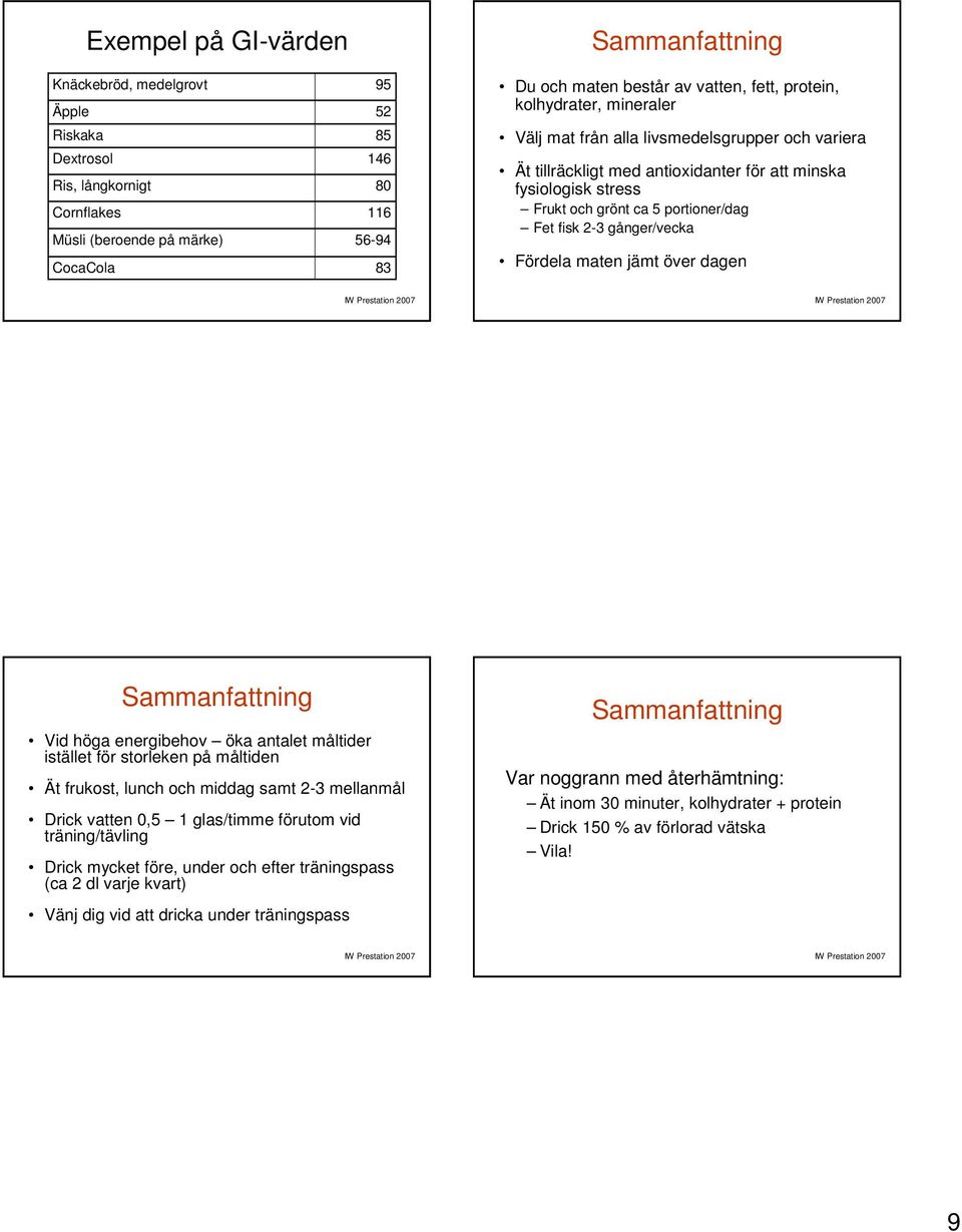 Fet fisk 2-3 gånger/vecka Fördela maten jämt över dagen Sammanfattning Vid höga energibehov öka antalet måltider istället för storleken på måltiden Ät frukost, lunch och middag samt 2-3 mellanmål