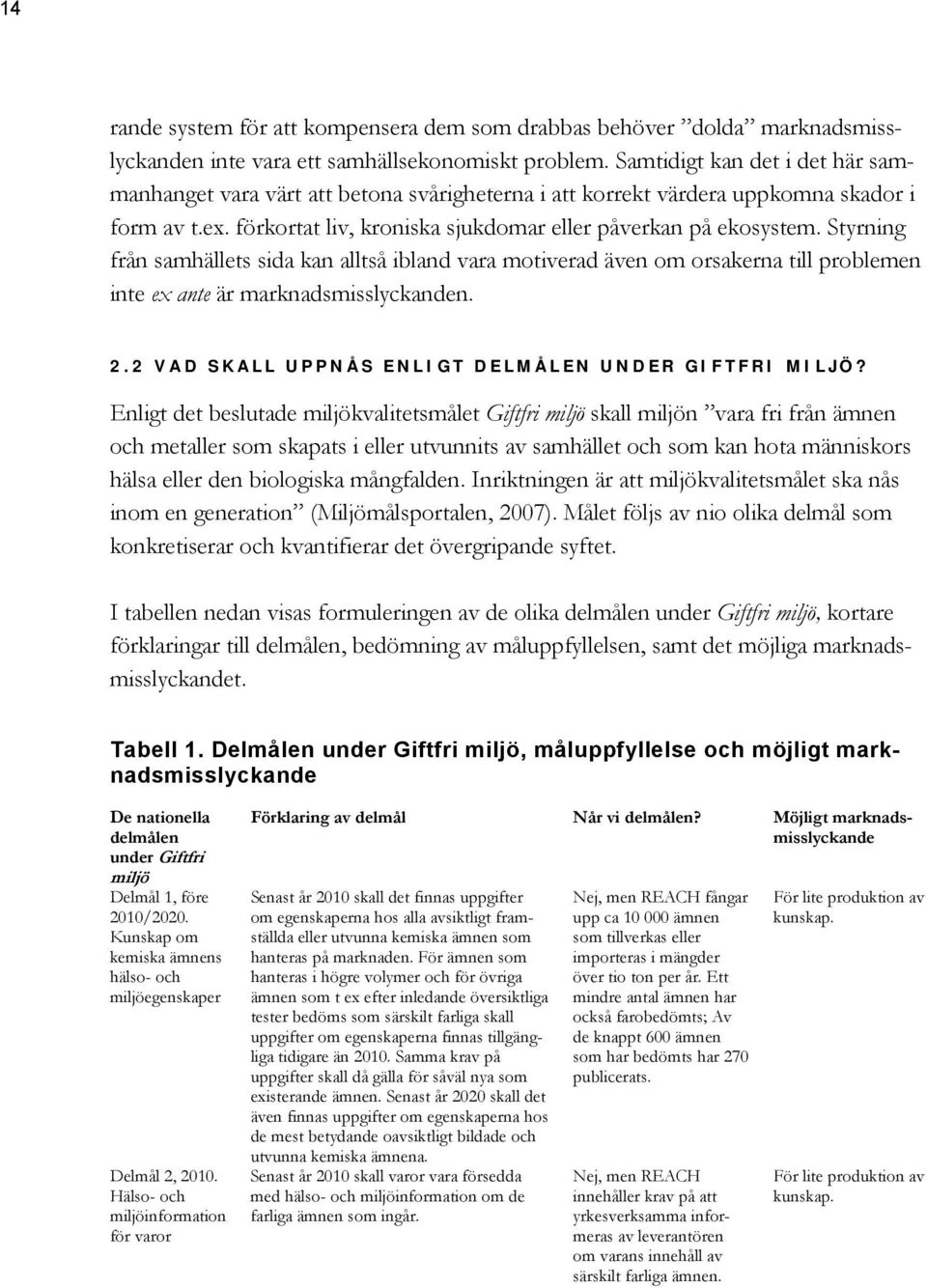 Styrning från samhällets sida kan alltså ibland vara motiverad även om orsakerna till problemen inte ex ante är marknadsmisslyckanden. 2.2 VAD SKALL UPPNÅS ENLIGT DELMÅLEN UNDER GIFTFRI MILJÖ?