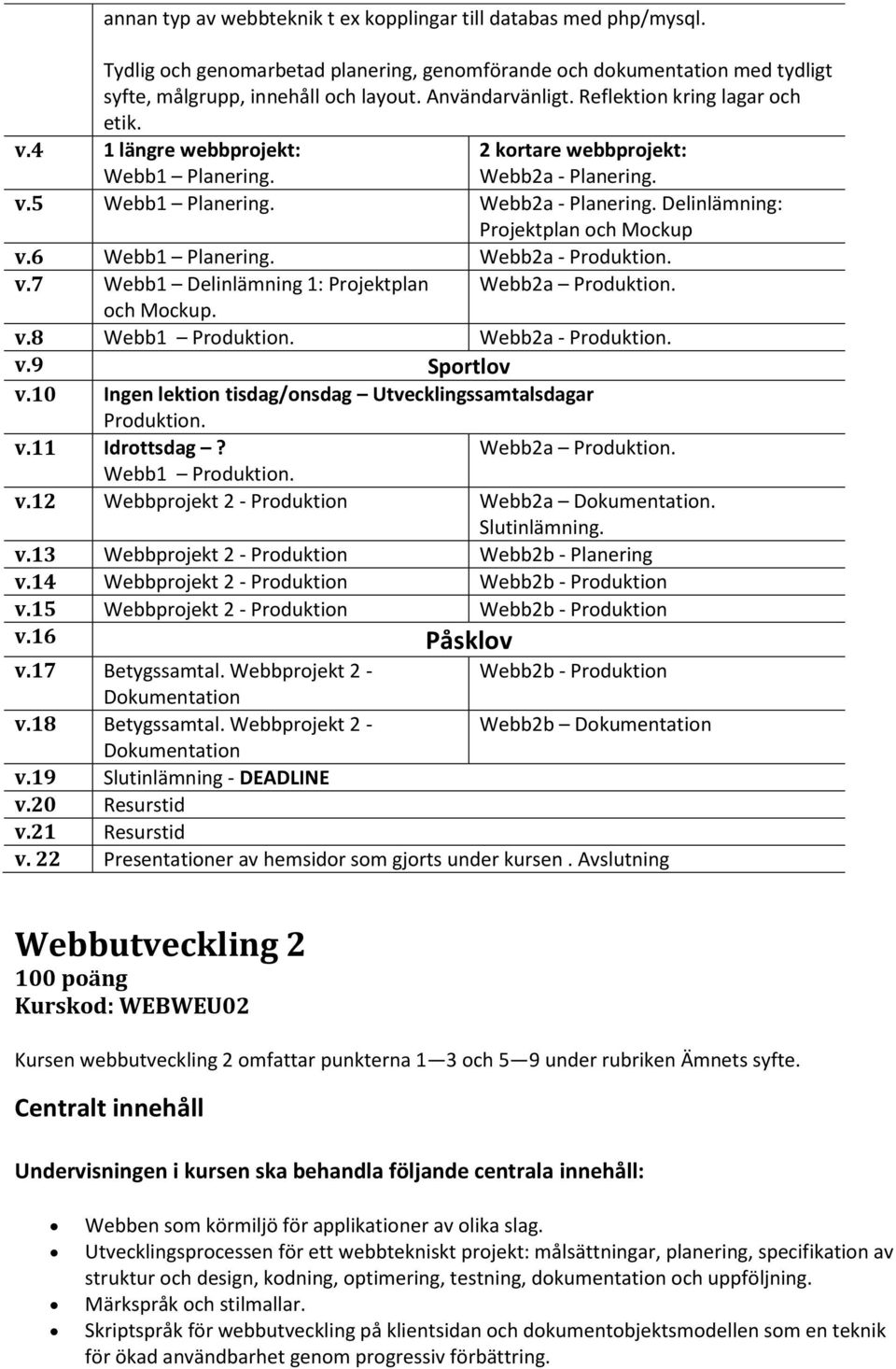 6 Webb1 Planering. Webb2a - Produktion. v.7 Webb1 Delinlämning 1: Projektplan Webb2a Produktion. och Mockup. v.8 Webb1 Produktion. Webb2a - Produktion. v.9 Sportlov v.
