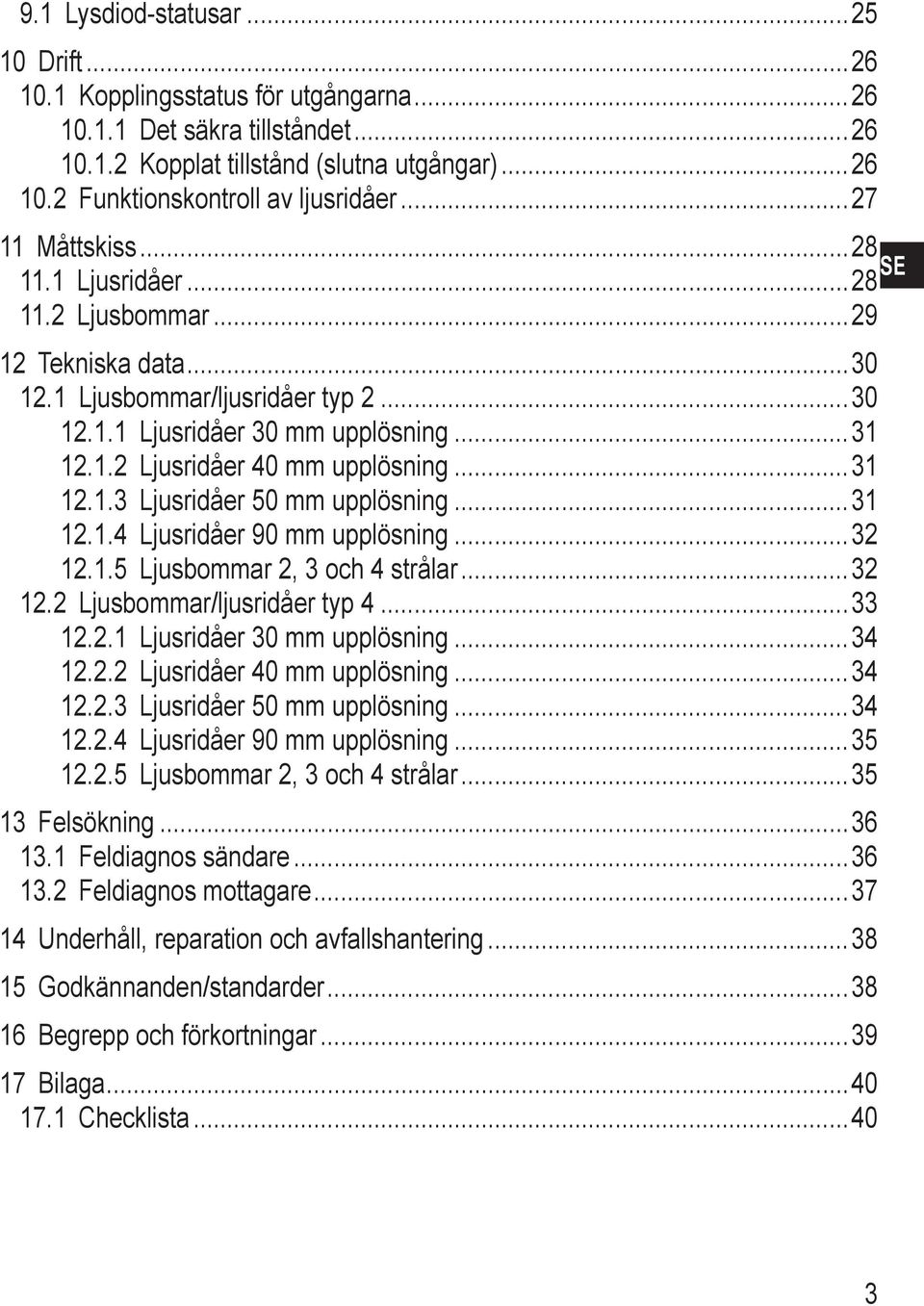 ..31 12.1.3 Ljusridåer 50 mm upplösning...31 12.1.4 Ljusridåer 90 mm upplösning...32 12.1.5 Ljusbommar 2, 3 och 4 strålar...32 12.2 Ljusbommar/ljusridåer typ 4...33 12.2.1 Ljusridåer 30 mm upplösning.