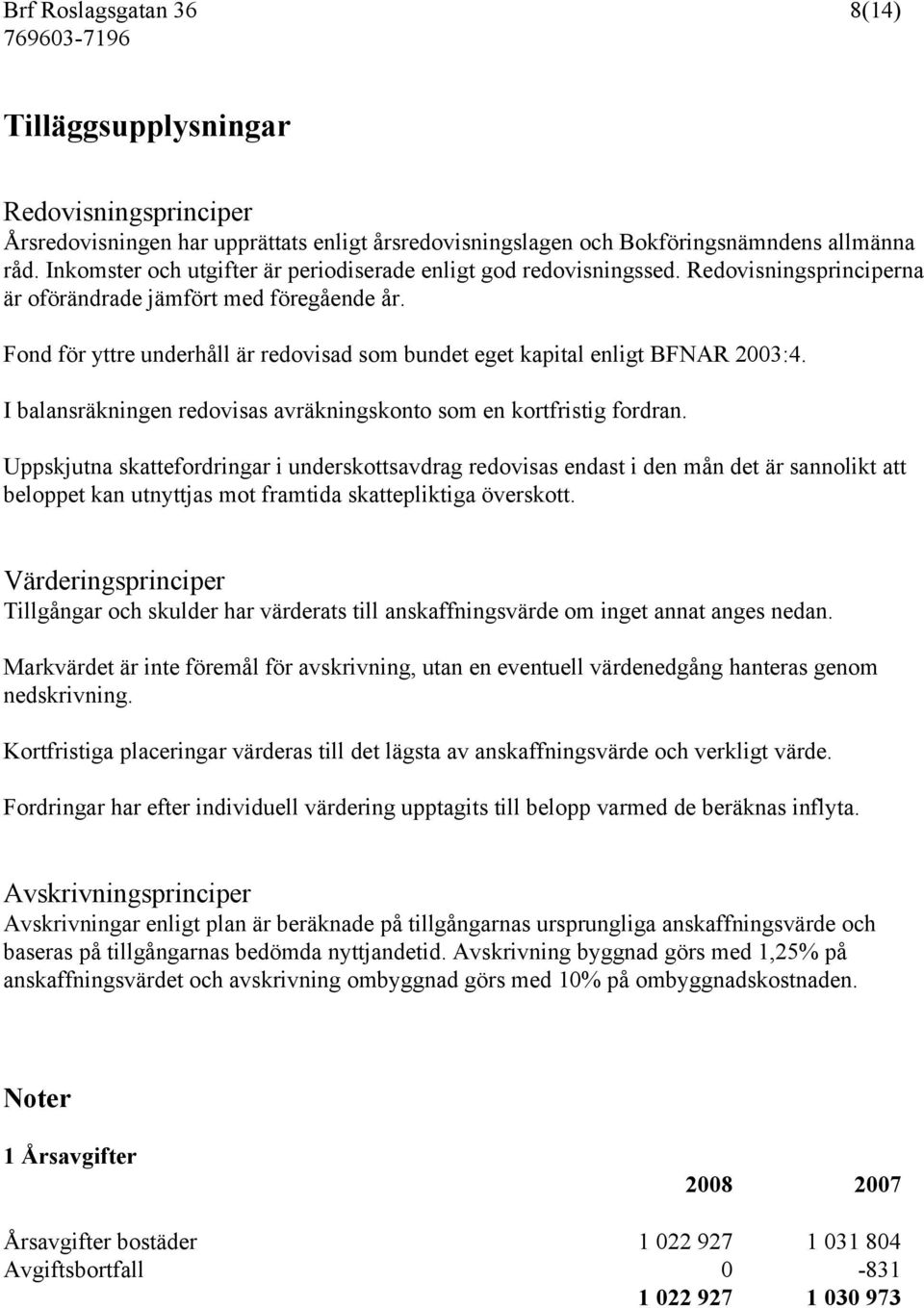 Fond för yttre underhåll är redovisad som bundet eget kapital enligt BFNAR 2003:4. I balansräkningen redovisas avräkningskonto som en kortfristig fordran.