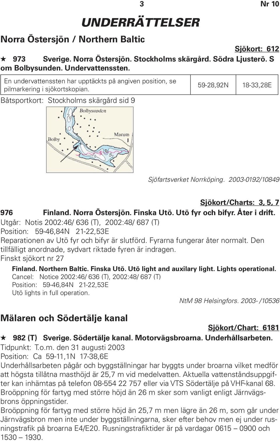 2003-0192/10849 Sjökort/Charts: 3, 5, 7 976 Finland. Norra Östersjön. Finska Utö. Utö fyr och bifyr. Åter i drift.