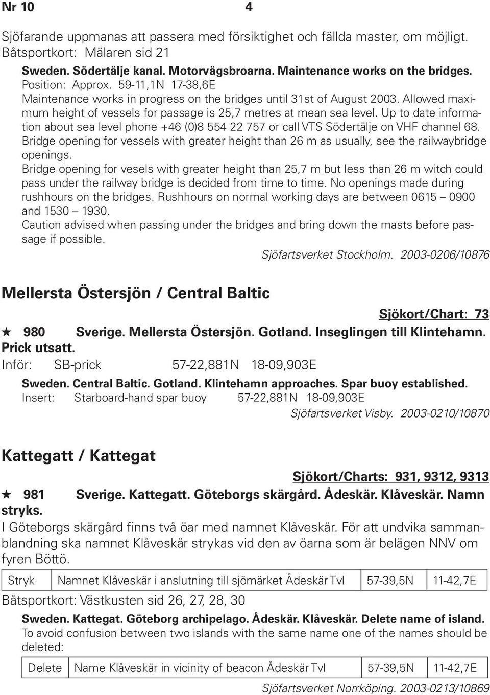Up to date information about sea level phone +46 (0)8 554 22 757 or call VTS Södertälje on VHF channel 68.