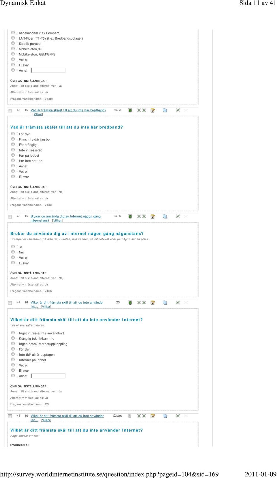 : För dyrt : Finns inte där jag bor : För krångligt : Inte intresserad : Har på jobbet : Har inte haft tid : Annat Frågans variabelnamn : v43e 46 15 Brukar du använda dig av Internet någon gång