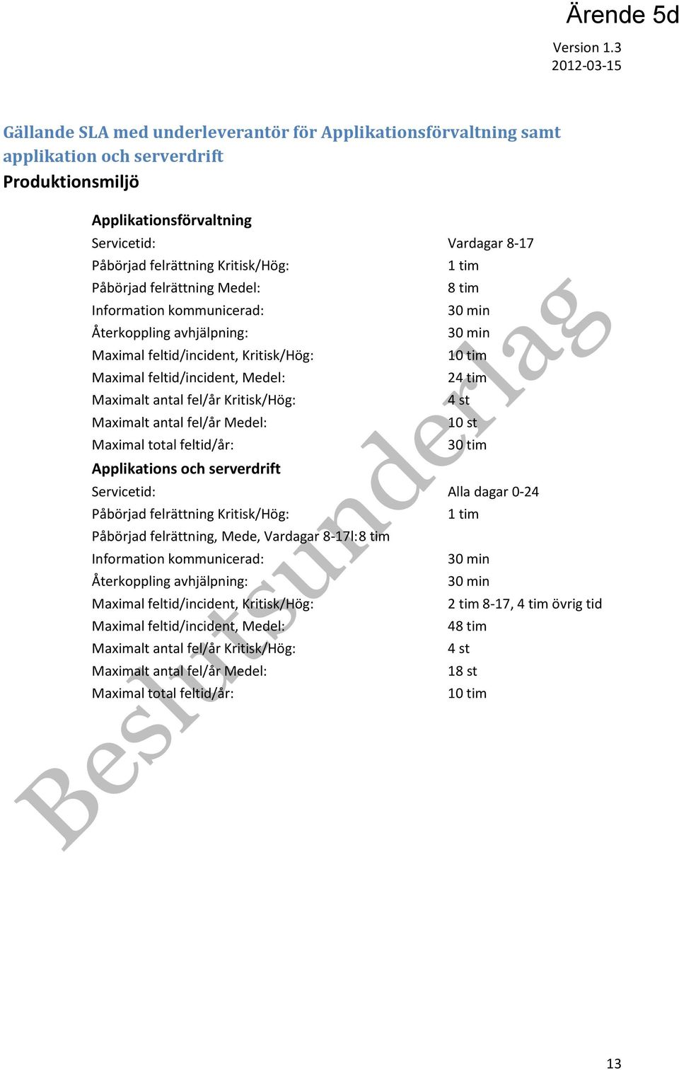 Kritisk/Hög: 1 tim Påbörjad felrättning Medel: 8 tim Information kommunicerad: 30 min Återkoppling avhjälpning: 30 min Maximal feltid/incident, Kritisk/Hög: 10 tim Maximal feltid/incident, Medel: 24