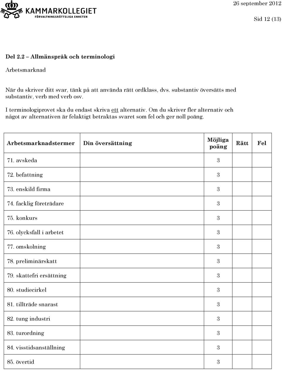 Om du skriver fler alternativ och något av alternativen är felaktigt betraktas svaret som fel och ger noll. Arbetsmarknadstermer 71. avskeda 3 72. befattning 3 73.