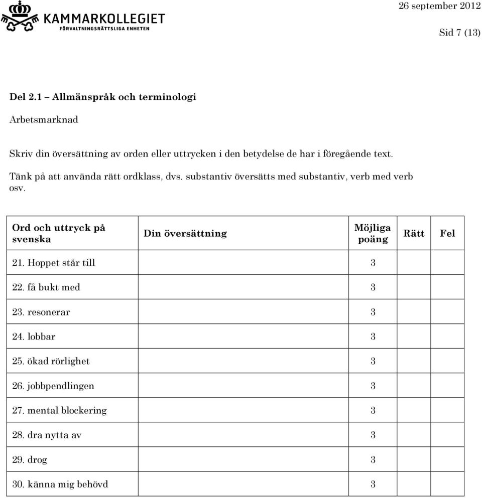 substantiv översätts med substantiv, verb med verb osv. Ord och uttryck på svenska 21.