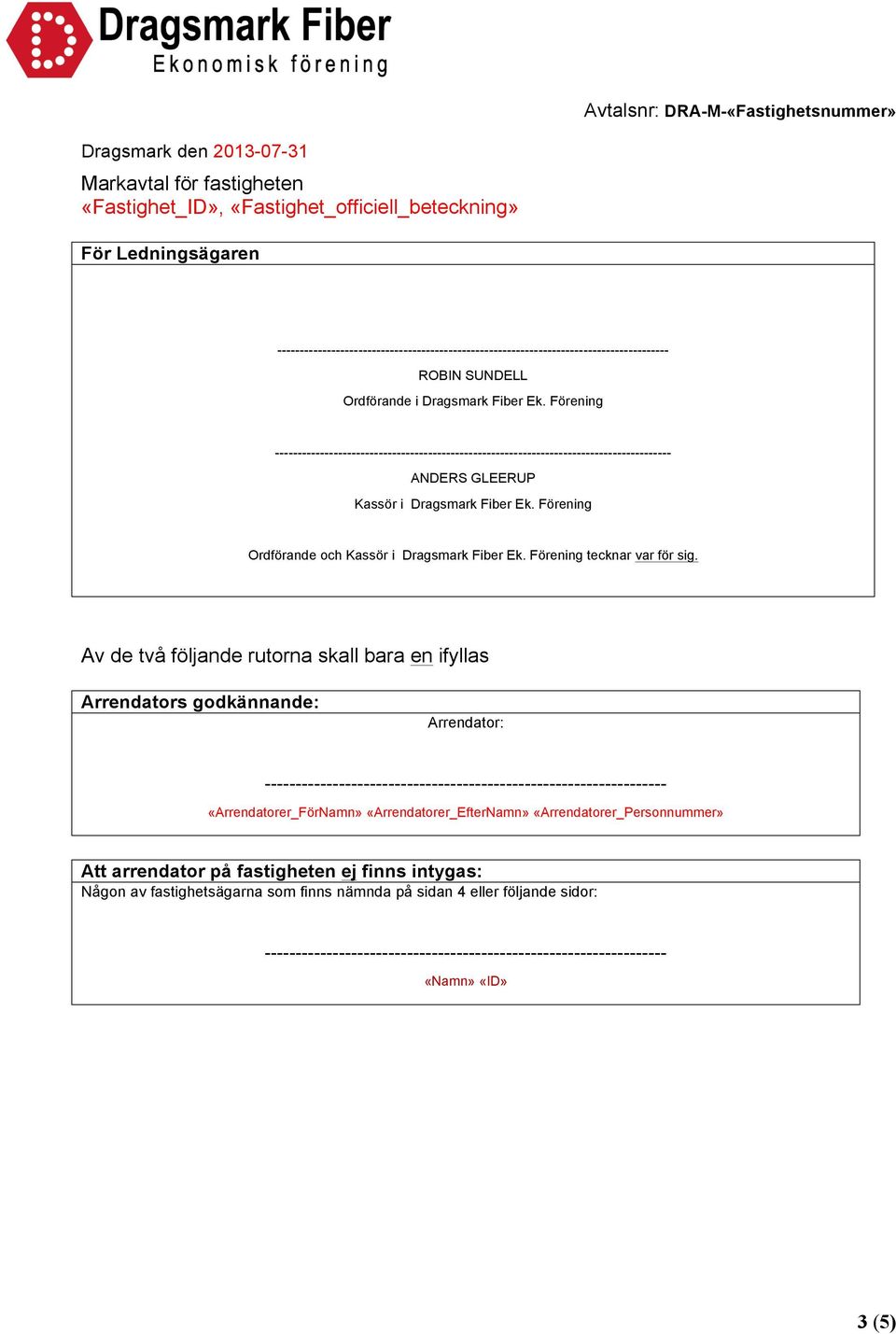 Förening Ordförande och Kassör i Dragsmark Fiber Ek. Förening tecknar var för sig.