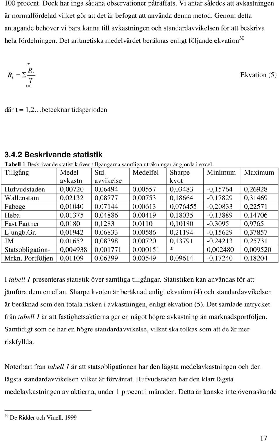 Det aritmetiska medelvärdet beräknas enligt följande ekvation 3 R i T R t = Σ Ekvation (5) T t=1 där t = 1, betecknar tidsperioden 3.