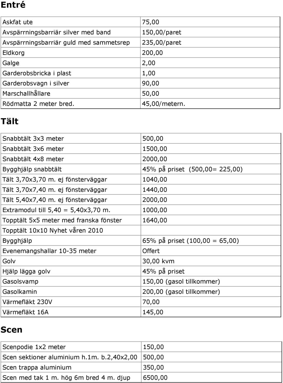 Tält Snabbtält 3x3 meter 500,00 Snabbtält 3x6 meter 1500,00 Snabbtält 4x8 meter 2000,00 Bygghjälp snabbtält 45% på priset (500,00= 225,00) Tält 3,70x3,70 m. ej fönsterväggar 1040,00 Tält 3,70x7,40 m.