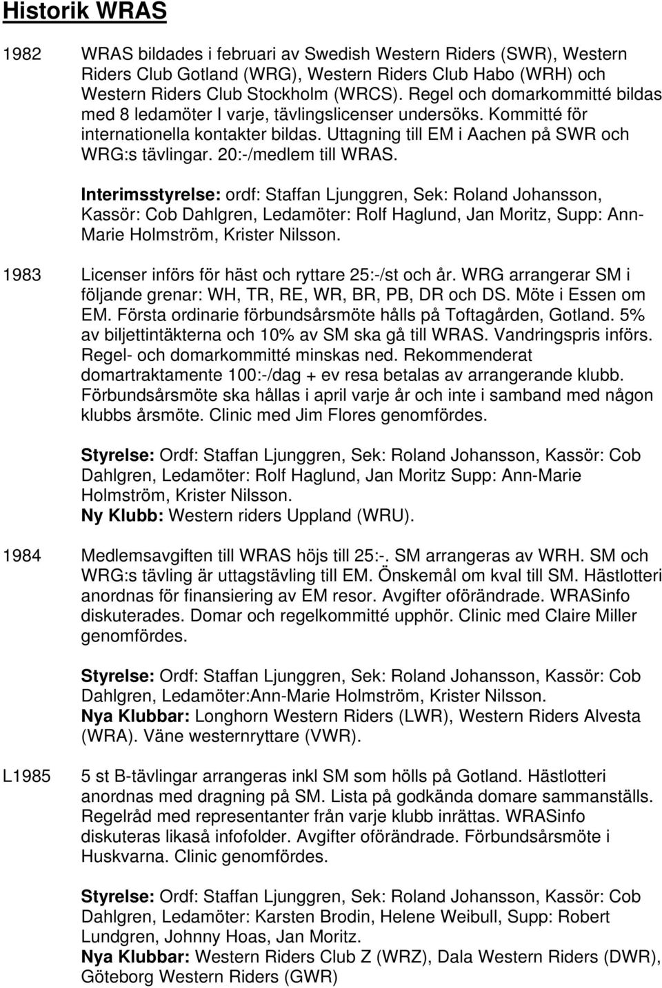 20:-/medlem till WRAS. Interimsstyrelse: ordf: Staffan Ljunggren, Sek: Roland Johansson, Kassör: Cob Dahlgren, Ledamöter: Rolf Haglund, Jan Moritz, Supp: Ann- Marie Holmström, Krister Nilsson.